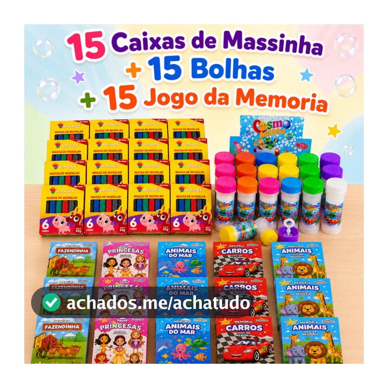 15 Caixas de Massinha de Modelar + 15 Bolha Sabão + 15 Jogo Memoria Infantil Kit Festa Lembrancinha Infantil