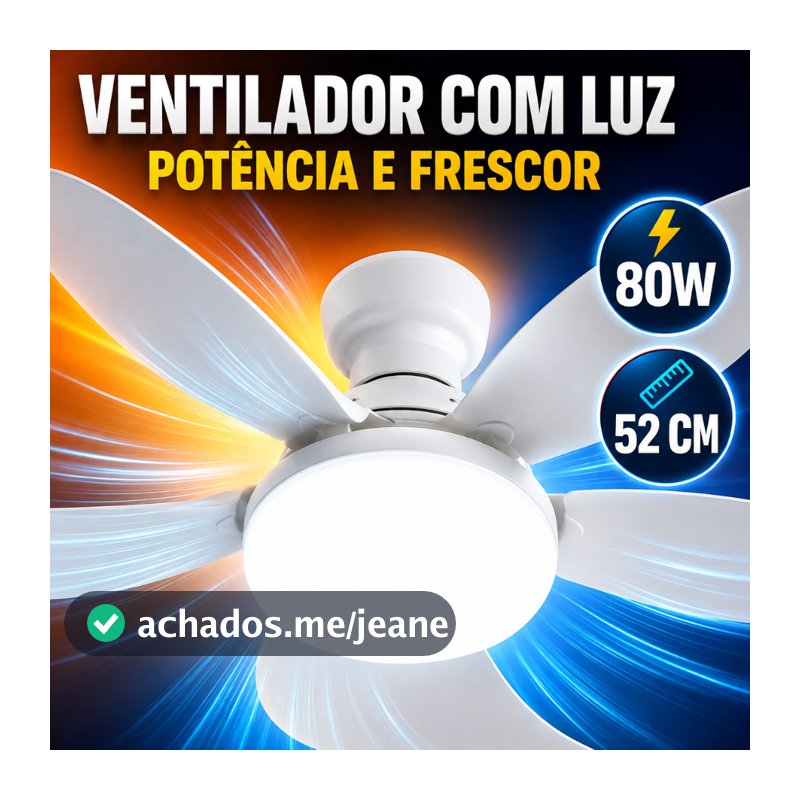Ventilador de Teto 52CM 80W Lâmpada 3 Cores E27 Silencioso Bivolt 2 em 1 Controle Remoto PREMIUM Branco