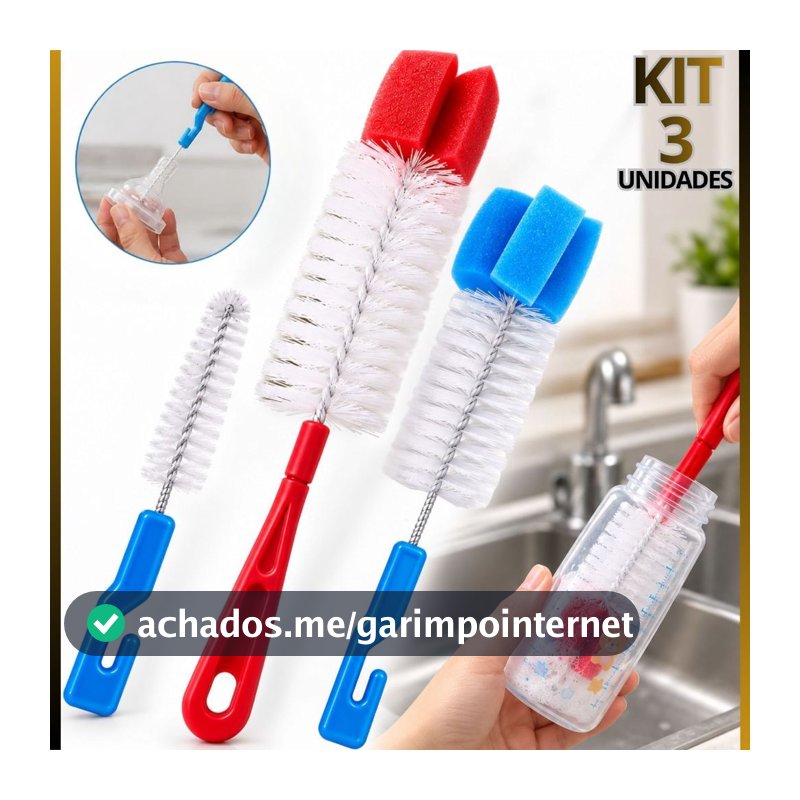 Kit 3 Escovas para Limpeza de Mamadeira Garrafas Copos e Recipientes Cores Sortidas limpeza que você precisa