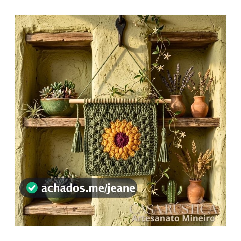 Painel de Crochê Mini Girassol Decorativo Boho Parede 25x18cm