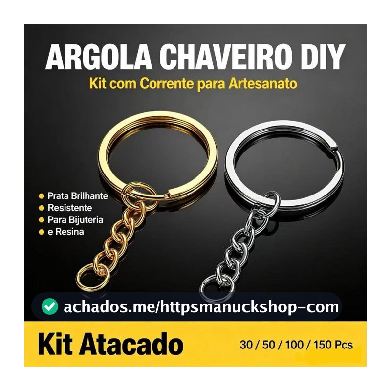 Chaveiro Argola com Corrente Dourado Prata Kit Atacado 25/50/100/150 Pcs DIY Bijuteria Resina Pingentes Artesanato