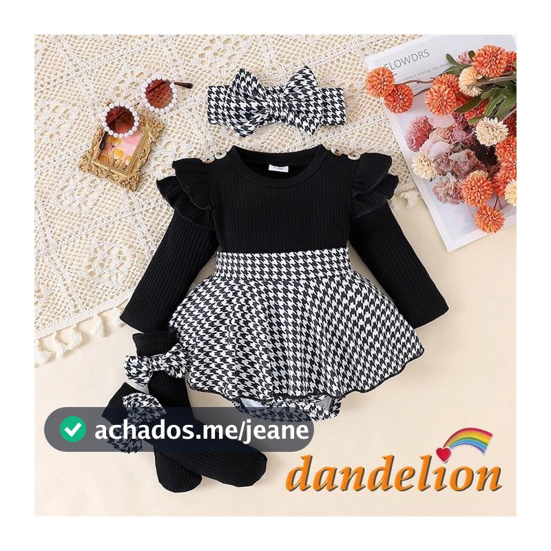 Roupas De Primavera Para Bebês Meninas Manga Comprida Com Estampa Houndstooth E Faixa De Cabeça Meias Longas