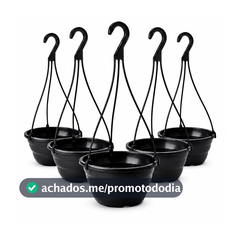 Kit 5 Vasos Cuia 21 Preta com Haste 40cm Reforçado Plantas Suspensas Vasos