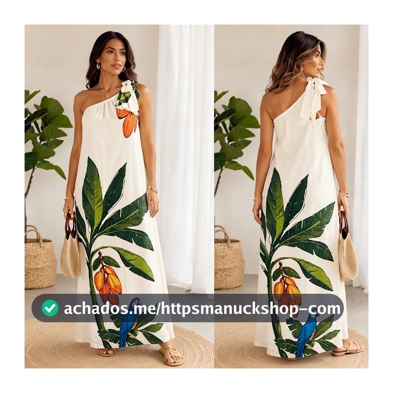 5015# Vestido Longo Feminino Um Ombro Estampa Tropical VES-5015/WE