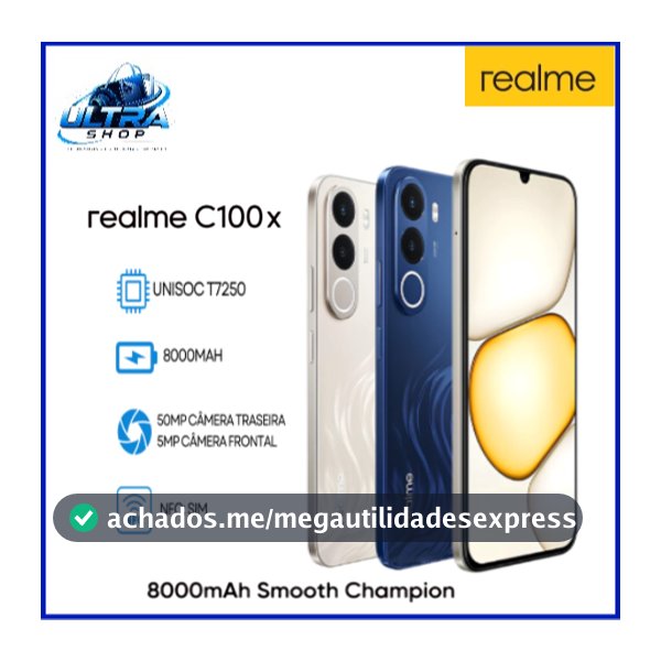 Smartphone Realme C100x 4G, Versão Global, 256GB + 4GB RAM, Processador Unisoc T7250, NFC, Câmera 50MP, Bateria 8000mAh