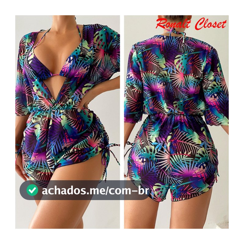 3 Peças/Conjunto Biquíni Maiô Feminino Folha Impressão Respirável e refrescante, ideal para o verão