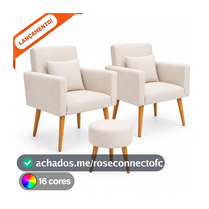 Kit 02 Poltronas para Sala Decorativa Nina com Almofada e Puff Redondo Pés Palito Suede Aninha Decor