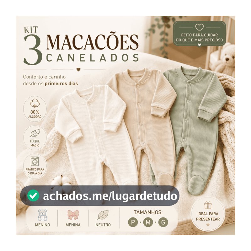 Kit 3 Macacões Bebê Suedine Canelado Manga Longa Com Pé 80% Algodão P M G