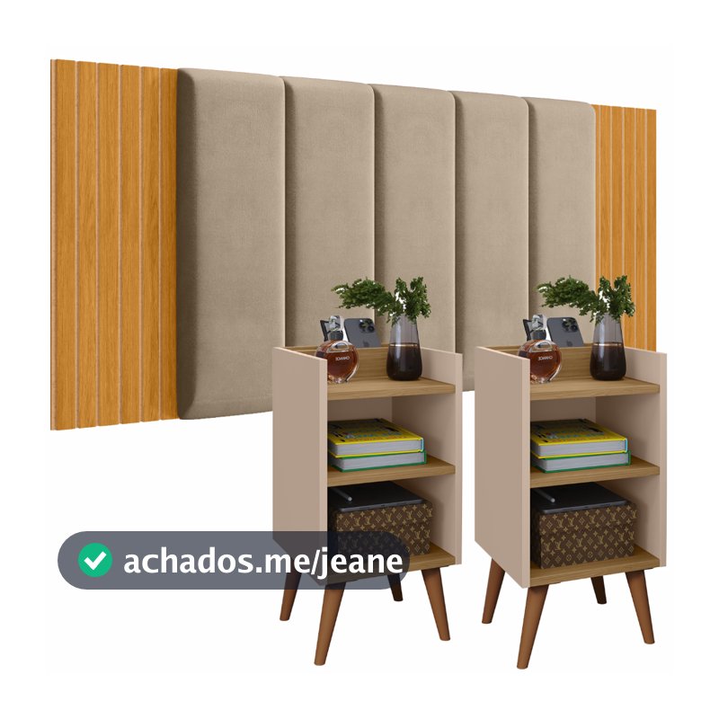 Cabeceira Modulada Ripada Estofada + 2 Mesas de Cabeceira com Nicho Organizador e Porta Celular