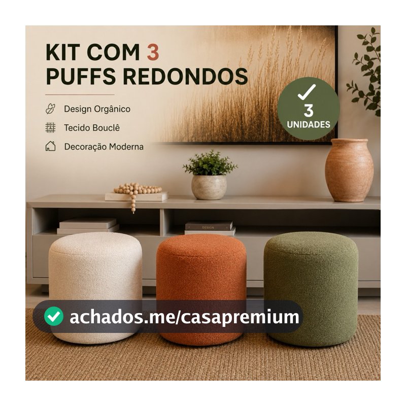 Kit 3 Puffs Redondos Decorativos Bouclê Premium Bege Claro Terracota Verde Sala Quarto Closet