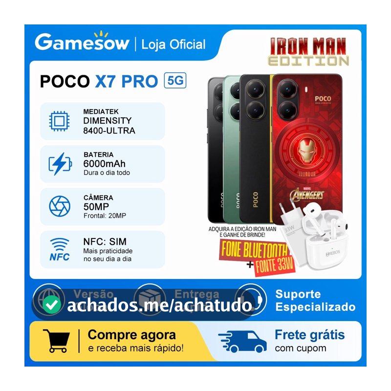 Xiaomi Poco X7 PRO 5G Versão Global,  Armazenamento 512GB-256GB + 8GB-12GB RAM, Processador Dimensity 8400-Ultra