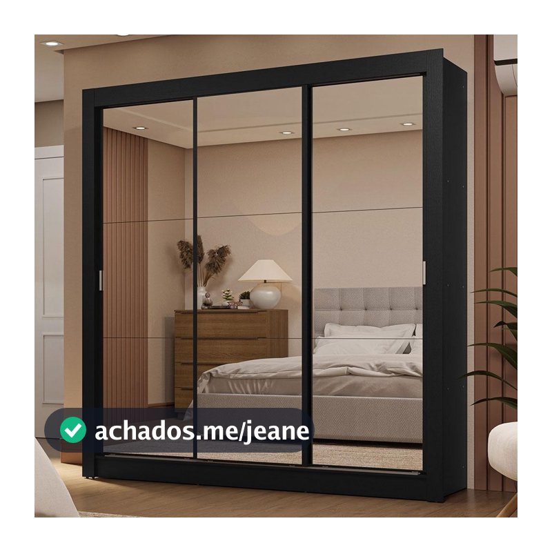 Guarda-Roupa Casal 3 Portas de Correr de Espelho 2 Gavetas Preto Sublime Madesa