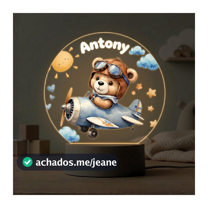 Luminária Personalizada Com Nome A Sua Escolha Ursinho Aviador Infantil Quarto Bebê Personalizada