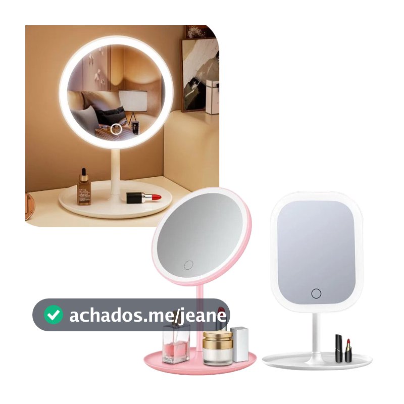 Espelho de Maquiagem LED com Luz 3 Tons Recarregável USB Touch Mesa com Bandeja