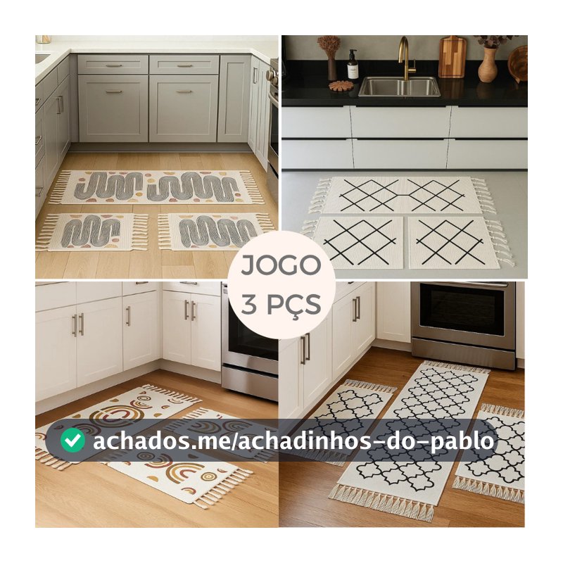 Kit 3 Tapetes Desenhos Cozinha Algodão Geométrico Moderno com Passadeira e Tapetes Laterais Top