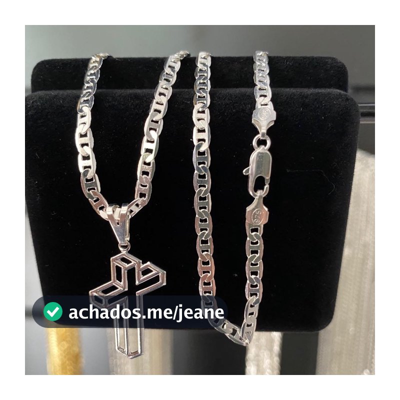 Cordão Piastrine 4mm PRATA 925 Legitima com Pingente Cruz 3D