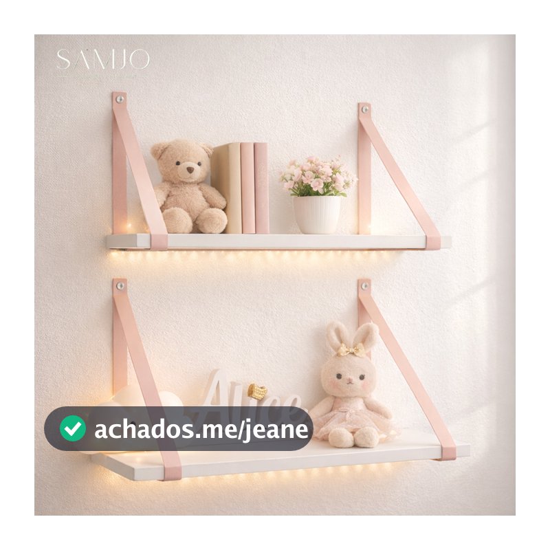 Kit Prateleira 45 x 15 – Kit com 2 Unidades, Alça em Couro Ecológico Rosa, Decoração, Quarto Bebê