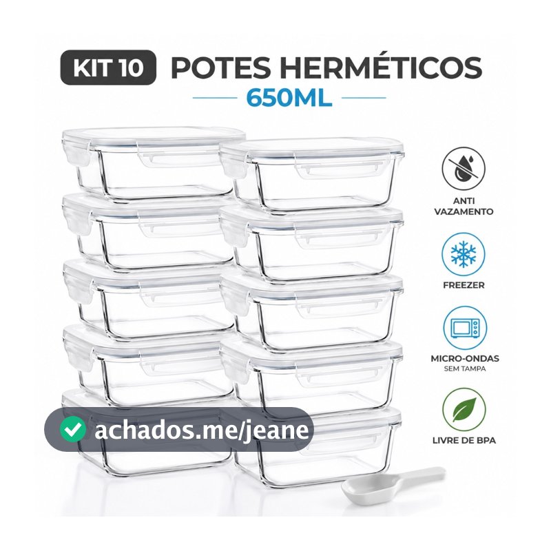 Kit 10 Potes Herméticos de Vidro 650ml com Tampa e 4 Travas | Flux
