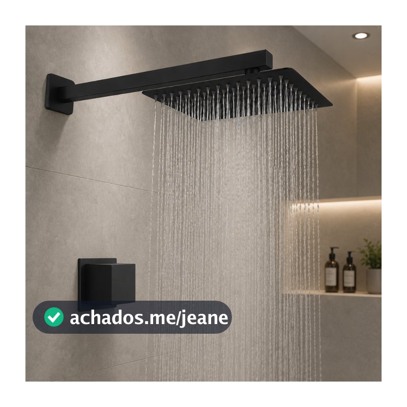 kit Chuveiro Inox Quadrado 20x20 Preto Articulado com Acabamento para Banheiro, Piscina Área Externa
