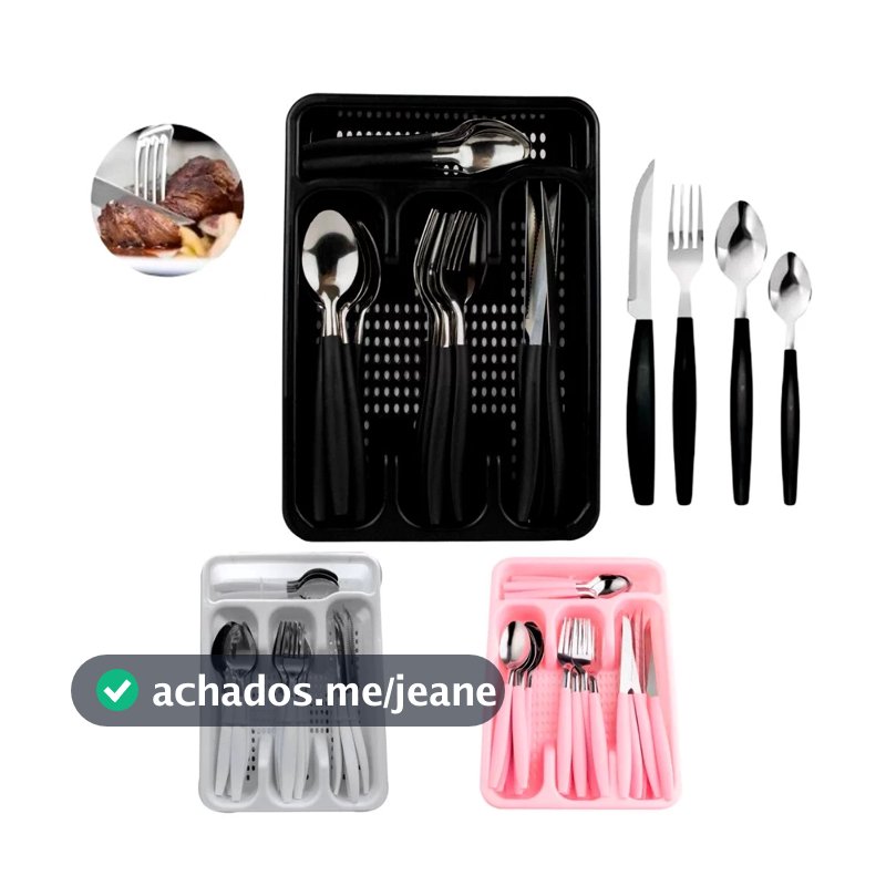 Jogo De Talheres inox Faqueiro Porta Talher Com 25 Peças Preto Branco E Rosa