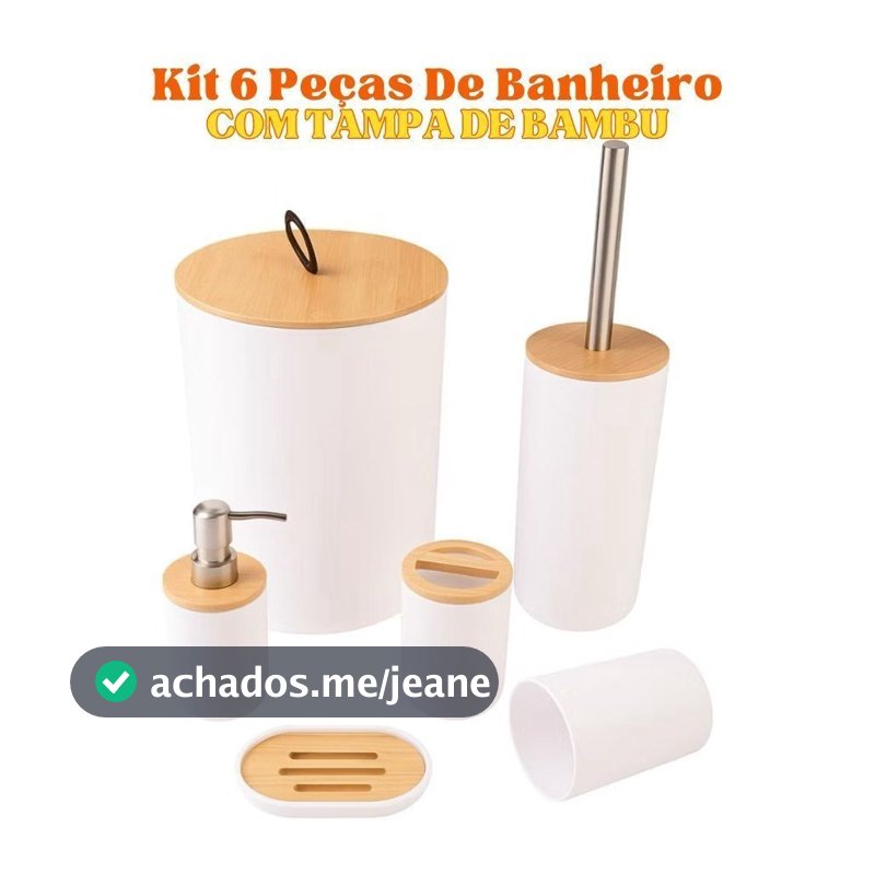 Kit 6 Peças De Banheiro Bambu Saboneteira Escova Sanitária Porta Escova Porta Sabonete Liquido Lixo