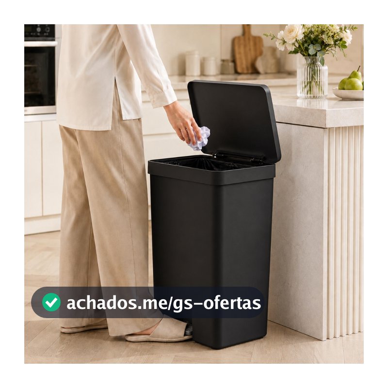 Lixeira com Pedal 50 litros premium grande e reforçada com anel de fixação preta chumbo branca