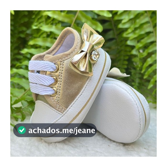 Tênis Sapatinho Bebê Dourado Ouro Light com Laço – Menina Recém-Nascida (Tamanhos 14 ao 19)