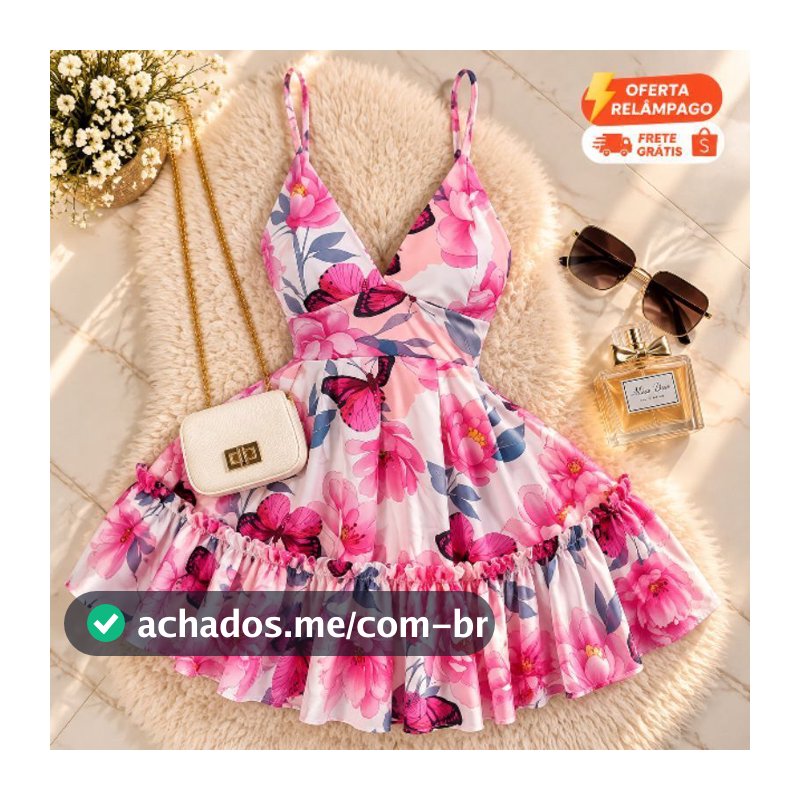 Vestido feminino estampado estilo alfaiataria com babadinho e alcinha soltinho, rodado