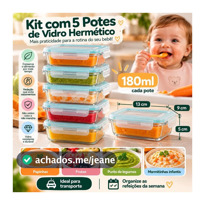 Kit 5 Potes de Vidro Herméticos 180ml com Tampa Azul e Branco – Papinha de Bebê, Frutas e Marmitinhas