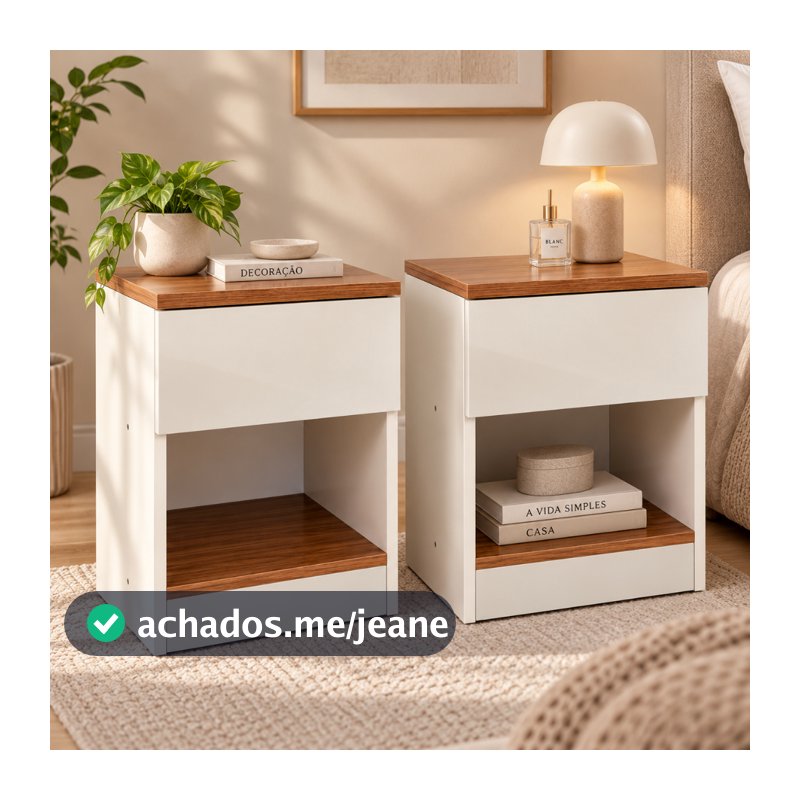 Conjunto Kit 2 Mesas de Cabeceira (Criado Mudo) Aurora Compacto para Quarto 30cm Off White e Freijó