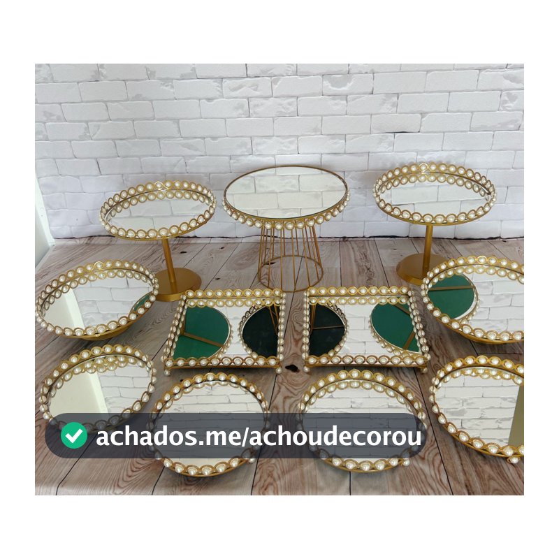 Kit Festa Bandejas E Boleira Pedrarias Perolas 11 Peças Com Espelhos Decoração Luxo