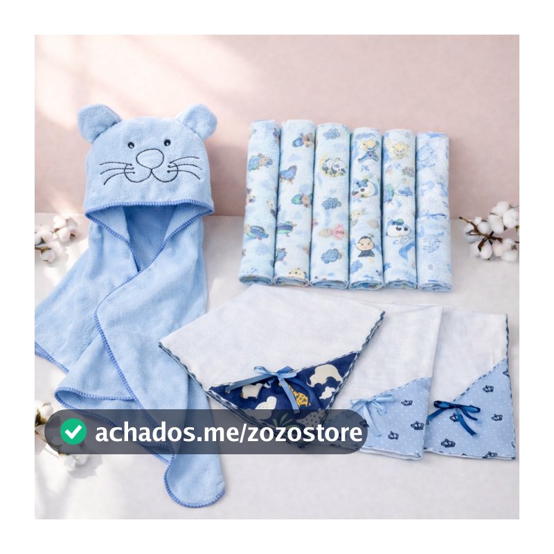 Kit Enxoval Bebê 15 Peças Toalha de Banho Bebê Bordada + 11 Fraldinhas + 3 Manta Fralda 100% Algodão