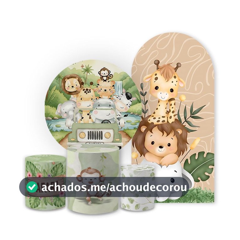 Kit Capa Painel Redondo de Festa + Capa Cilindros Malha Safari Animais Decorativo Bibi Paineis