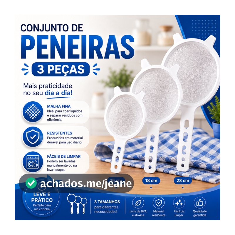 Kit 3 Peneiras PMG Branca 7/9/11 cm | Peneira Plástica Multiuso para Cozinha