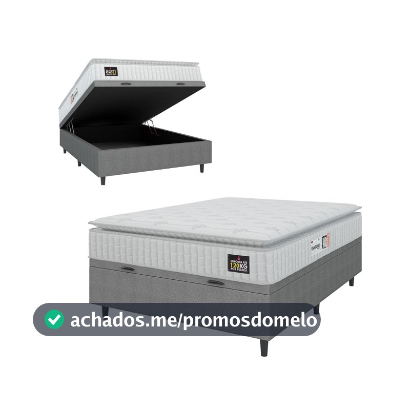 Cama Box Baú Colchão Casal Espuma D33 Vangogh Pillow Top 138x188x70cm Branco / Cinza Hellen