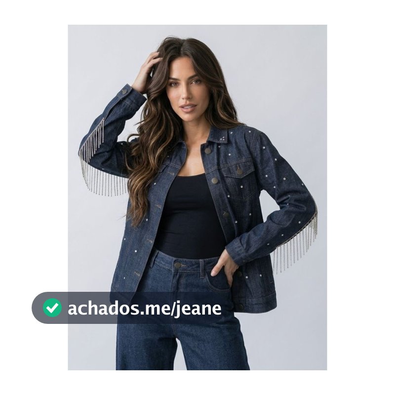 Jaqueta Jeans Escura Feminina Maxxi Oversized Boiadeira com Franjas de Strass nas Mangas e Costas e Aplicação de Strass