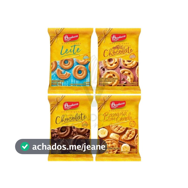 Kit 100 Biscoito Amanteigado Sache Bauducco Sabores(Chocolate, Leite, Leite Com Gotas de Chocolate, Banana Com Canela)