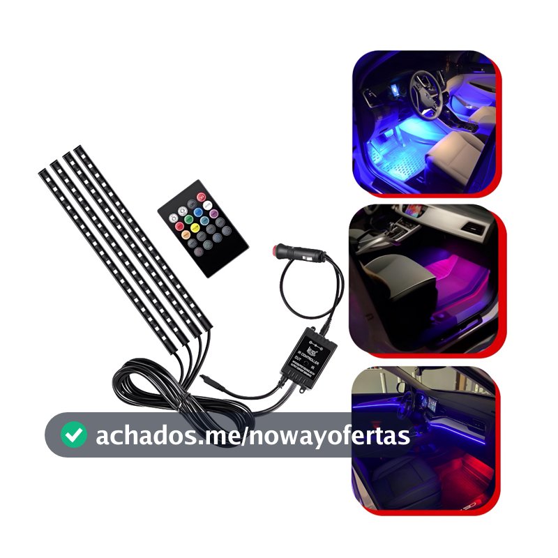 Kit Para Iluminação Interior Carro Luz Led Neon Rgb C/controle Sensor Rítmico 12v 4 Faixas de Luz