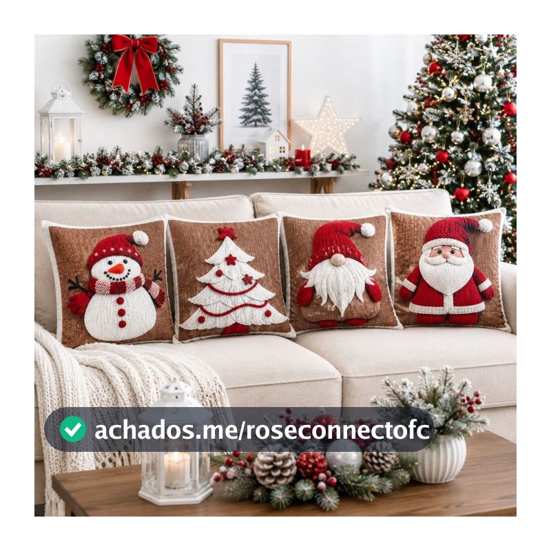 Kit 4 Capas de Almofada Natal 45x45cm Sublimada com Zíper Decoração Sofá, Cama e Sala