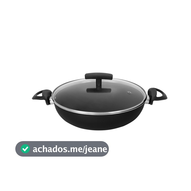 Frigideira Wok Antiaderente Panela com Tampa de Vidro 26 cm Duas Alças