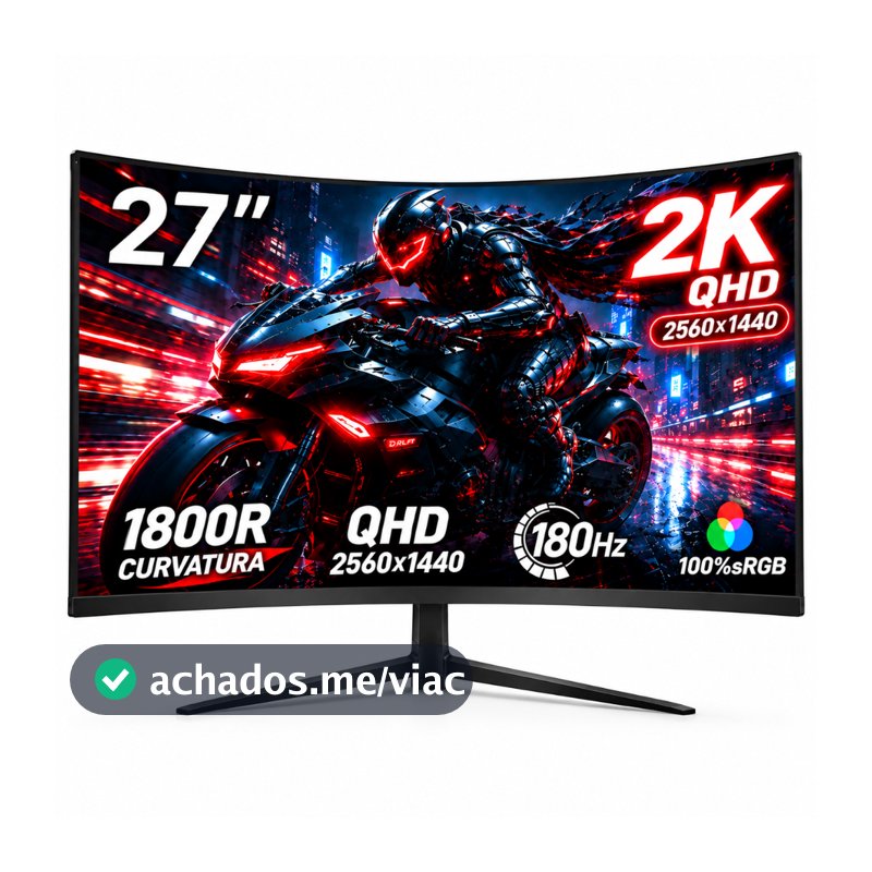 Monitor Curvo Gamer 27" IPS QHD 2k180Hz 1ms FreeSync, Tela Ultrafina, Conexões HDMI/DP e Fixação VESA para PC