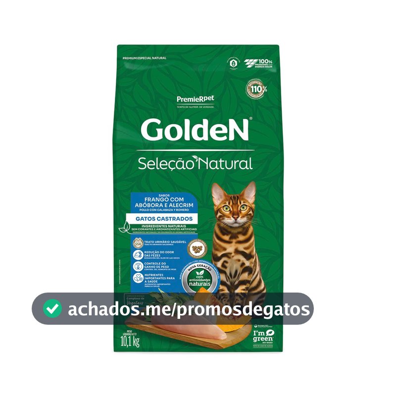 Ração Golden Seleção Natural Gatos Adultos Castrados Frango com Abóbora e Alecrim 10,1kg