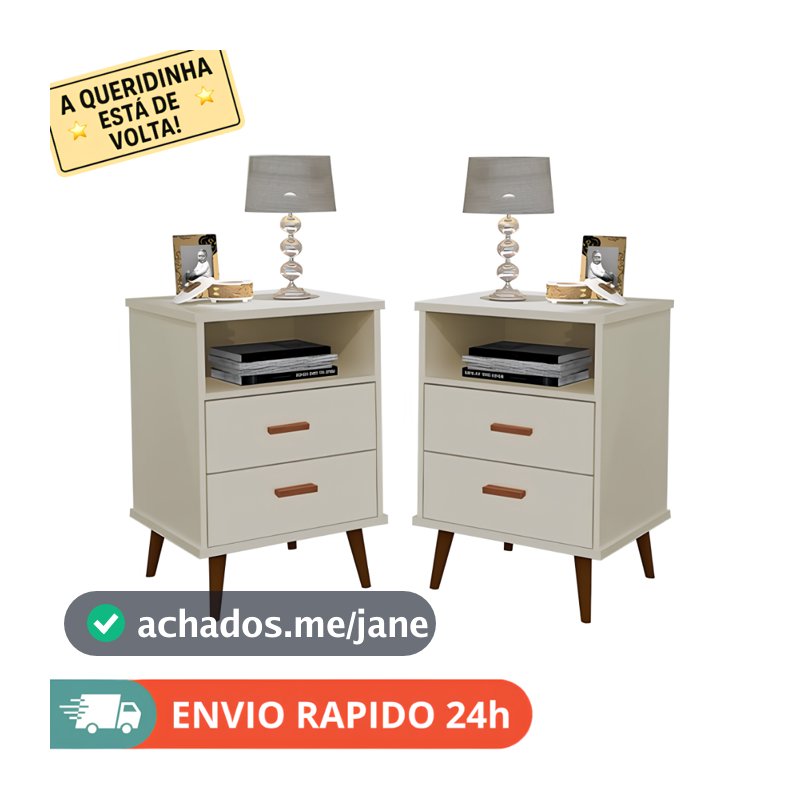 Kit 2 Mesas De Cabeceira Itália Com Nicho Para Quarto 2 Gavetas Retrô Pés Palitos Cor Off White