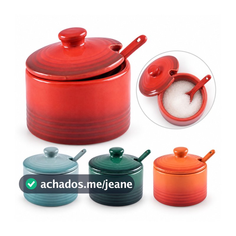 Açucareiro Saleiro Le Chef 200ml Cerâmica Com Tampa E Colher 4 Cores Para Mesa E Cozinha