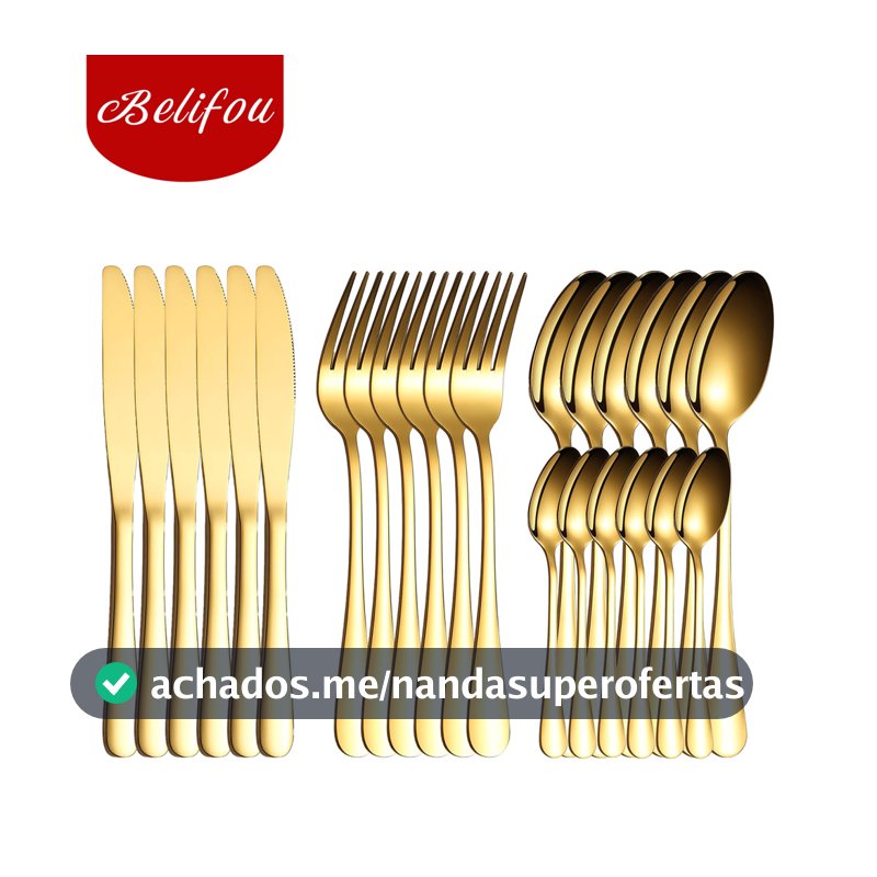 Belifou Kit 24 Jogo De Talheres Para Bife Aço Inoxidável Dourados Com Colher Pequena