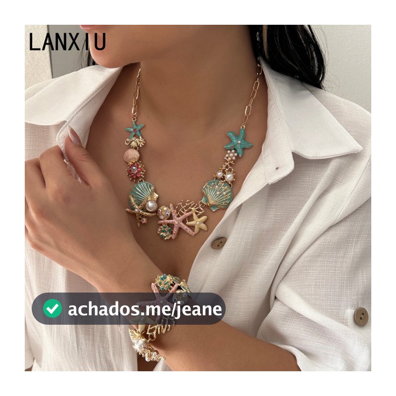 Conjunto Colar Boho Ocean da LANXIU com Pingentes de Estrela-do-mar, Concha e Pérola em Esmalte Joia para Festa na Praia