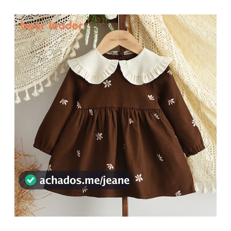 Urso Líder Novo Outono Versão Coreana Flor Bordado Vestido Casual Cor Sólida Bonito Mangas Compridas Roupas Do Bebê Meni