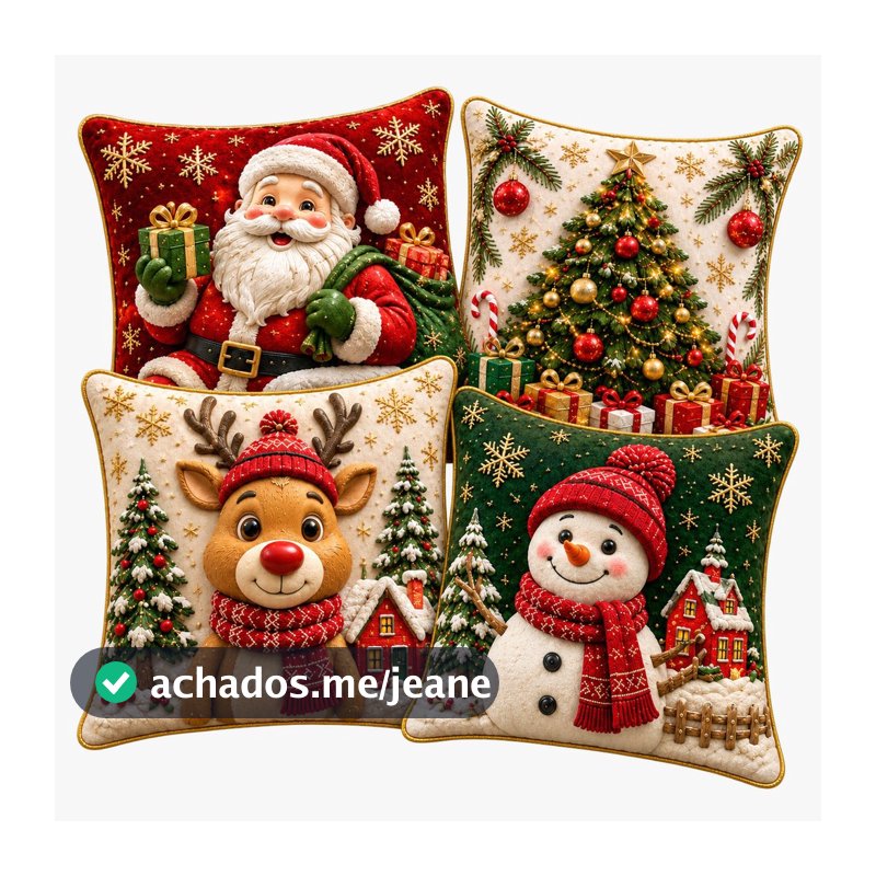 Capa de Almofadas 1 e 4 Decorativas 45x45 Estampas Natalinas estampa premium 2026 NOEL RENA ARVORE E BONECO FUNDO VERDE