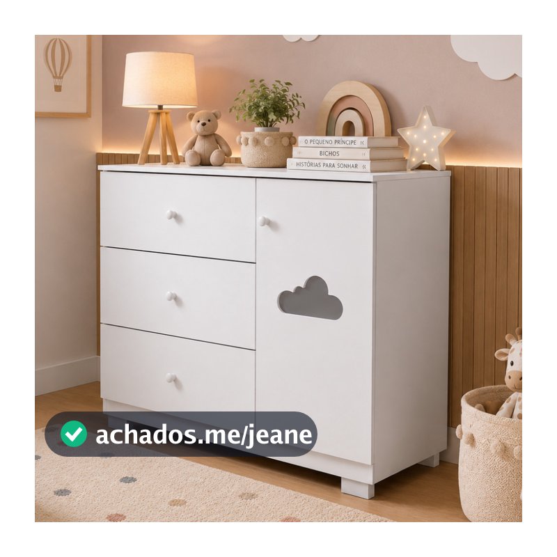 Cômoda Infantil 3 Gavetas e 1 Porta com Detalhe em Nuvem Minimalista