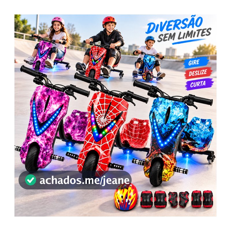 Triciclo Elétrico Drift Trike Bluetooth LED Recarregável Até 100kg